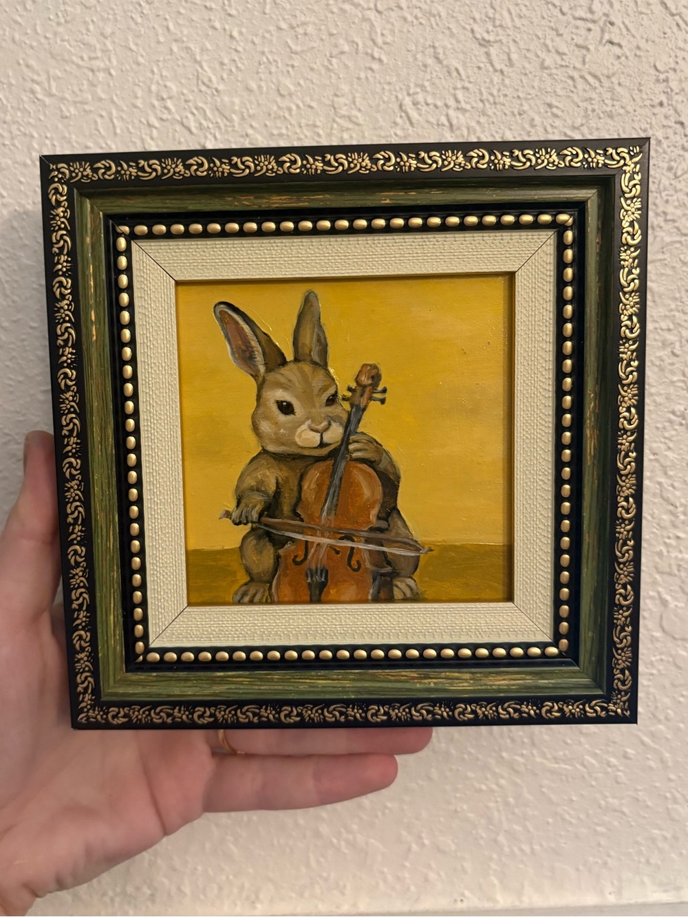 "Musical Bunny” Original oil painting on wood board mini framed 4x4"